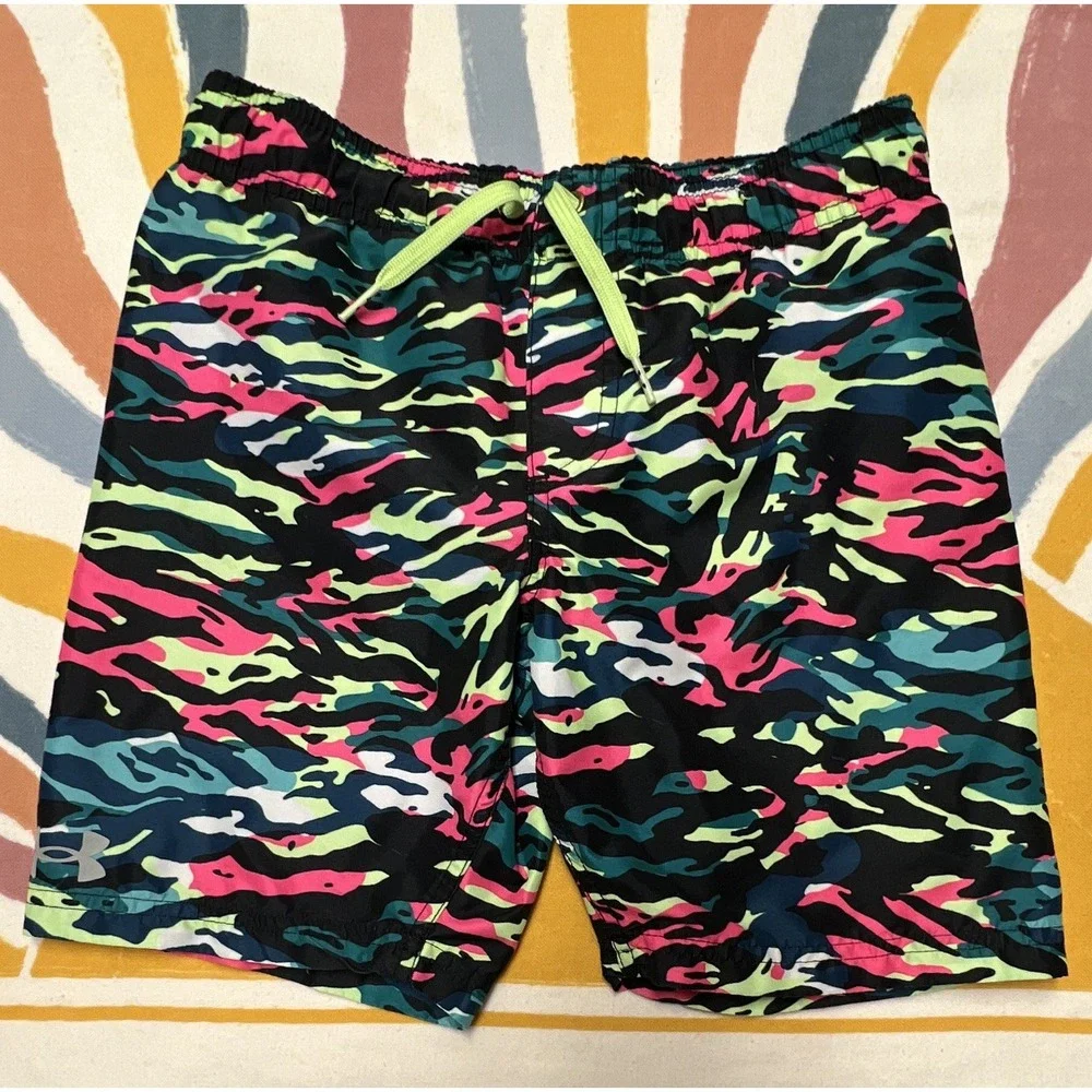 Under Armour Boys YSM Multicolor Camo Swim Shorts Lined Elastic Drawstring